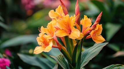 Poster - Canna lily blooms showcasing vibrant yellow flowers in a lush garden setting surrounded by greenery and other colorful plants.