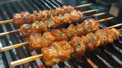 Poster - Grilled Skewers with Juicy Meat and Herbs Cooking on BBQ Grill Outdoor Cuisine Delight