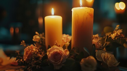 Poster - Candles nestled among romantic flowers creating a warm and inviting ambiance for a cozy evening setting