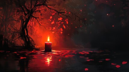 Poster - Candle illuminating a dark scene with red hues and autumn leaves creating a mysterious and tranquil atmosphere at night
