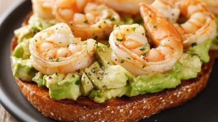 Poster - Shrimp and avocado toast on whole grain bread garnished with herbs Fresh healthy cuisine close up shot
