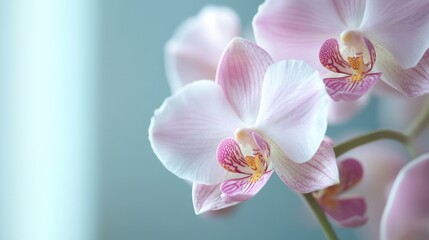 Poster - Delicate soft pink and white orchid flower close-up showcasing intricate petal details and a serene background with ample copy space