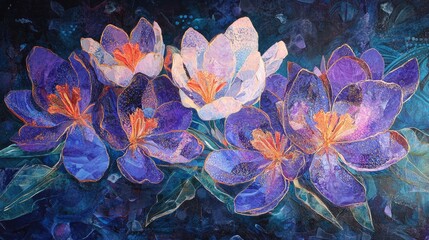 Poster - Vibrant Crocus Flowers in Bloom Against a Deep Blue Background Artistic Floral Composition