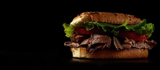 Aufkleber - Roast beef sandwich with fresh lettuce and tomato on a dark background featuring ample space for text and product promotion