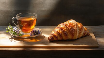 Aufkleber - Croissant and tea with flowers on a rustic wooden surface creating a cozy breakfast scene