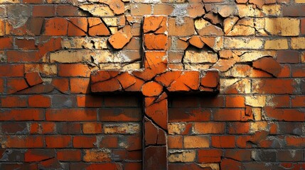 Leinwandbilder - Cracked brick wall featuring a cross with an abstract design illuminated by sunlight creating a dramatic and textured visual effect