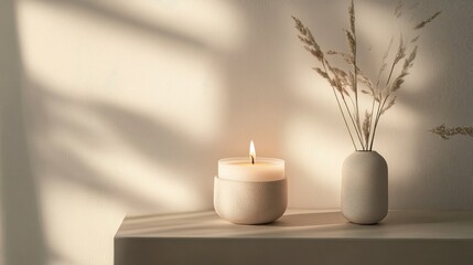 Poster - Serene ambiance with lit candle and minimalist vase showcasing dried flowers in soft natural light