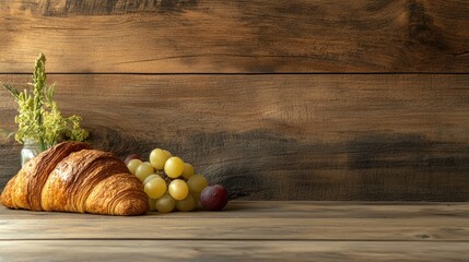 Poster - Croissant and assorted fruits arranged on a rustic wooden background for a cozy breakfast or brunch setting