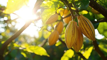 Poster - Cocoa pods hanging from a tree branch illuminated by sunlight in a lush garden setting