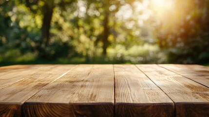 Aufkleber - Close up of rustic wooden table surface with blurred greenery and sunlight in the background for a natural outdoor setting design.