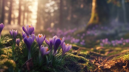 Fototapete - Blooming Crocus Flowers in a Sunlit Forest Setting Surrounded by Lush Green Moss and Gentle Light Filtering Through Trees