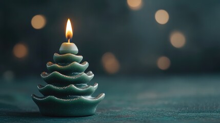Poster - Fir tree shaped candle with flame glowing against blurred background creating a festive atmosphere with space for text or messaging