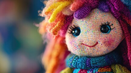 Aufkleber - Colorful handcrafted doll with vibrant yarn hair showcasing a joyful expression for DIY crafting and creative projects.