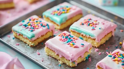 Poster - Colorful Iced Birthday Cake Slices with Sprinkles on Metal Tray Sweet Treats for Kids Celebration Party