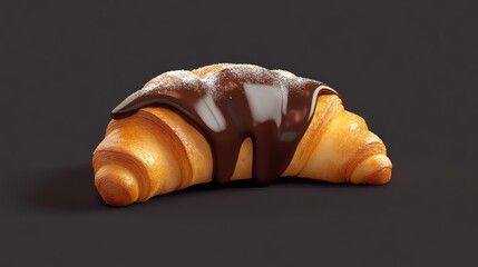 Poster - Chocolate croissant drizzled with sugar icing isolated on a dark background gourmet pastry delicious dessert treat.