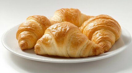 Poster - Freshly baked croissants arranged on a white plate perfect for a delicious and healthy breakfast setting.