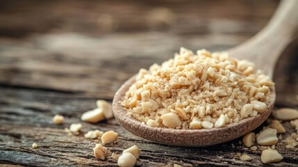 Poster - Crushed peanuts on a wooden spoon resting on rustic wooden background captured in soft focus showcasing natural texture and color.