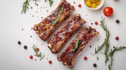 Aufkleber - Savory Roasted Ribs with Herbs and Spices on White Background Ideal for Culinary Promotions and Food Marketing