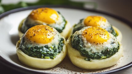 Poster - Savory spinach and cheese raviolo topped with egg yolk and herbs on a plate ready to be enjoyed
