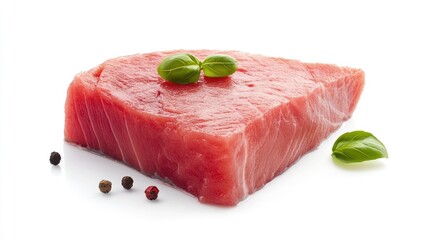 Poster - Fresh tuna steak garnished with basil leaves and peppercorns on a clean white background ideal for seafood culinary presentations