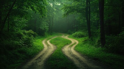 Poster - Diverging pathways at a tranquil crossroads in a lush green forest surrounded by dense trees and soft misty light