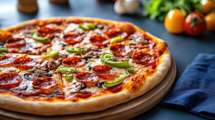 Aufkleber - Deliciously topped pizza featuring pepperoni anchovies and fresh vegetables on wooden board with colorful ingredients in blurred background