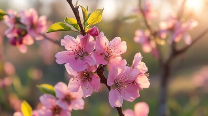 Poster - Peach Tree Blossoms Bathed in Soft Spring Light Showcasing Delicate Pink Flowers in Bloom