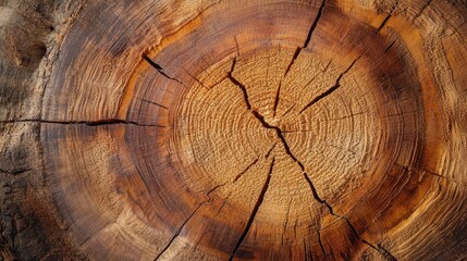 Poster - Cross section of aged brown tree stump showcasing intricate cracks and growth rings with rich wood grain texture