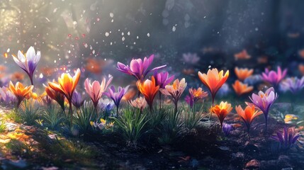 Poster - Vibrant Crocus Flowers Blooming in a Misty Garden with Soft Light and Dew Drops