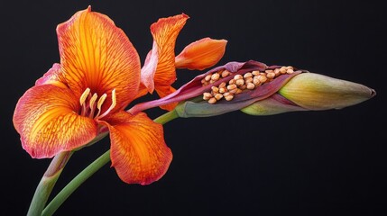 Poster - Vibrant Canna Lily Blossom with Seed Pod Against a Dark Background