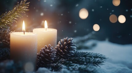 Poster - Candles glowing softly amidst snowy fir branches and pine cones creating a cozy winter atmosphere with a festive touch