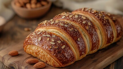 Poster - Freshly baked almond croissant on a wooden board with almonds in the background, perfect for breakfast or pastry showcases.