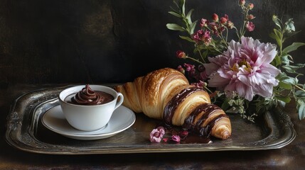 Poster - Continental breakfast setting featuring a chocolate hazelnut croissant and coffee with floral accents on a vintage metal tray