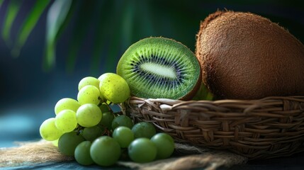 Poster - Fresh green kiwi and grapes in a woven basket on a wooden surface with tropical background lighting
