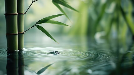 Poster - Serene bamboo branch reflected in tranquil water creating gentle ripples and a soothing natural ambiance