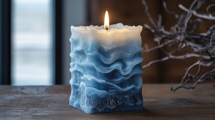 Poster - Blue textured candle made of natural wax with a soft glow displayed on a rustic wooden table in a cozy interior setting.