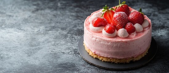 Poster - Strawberry yogurt cake on a textured gray table with space for text showcasing its delicious toppings and creamy texture