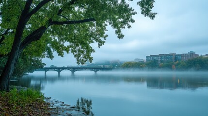 Aufkleber - Misty River Landscape with Fog and Overcast Skies Enhancing Natural Serenity and Calmness