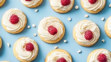 Aufkleber - Cookies topped with cream icing and fresh raspberries arranged on a blue background for a colorful dessert display.