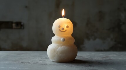 Poster - Candle shaped snowman with a smiling face and flame creating a warm ambiance in a rustic setting Ideal for winter holiday themes.