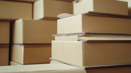 Poster - Stacked cardboard boxes in various sizes showcasing a minimalist design against a white background for shipping or packing concepts.