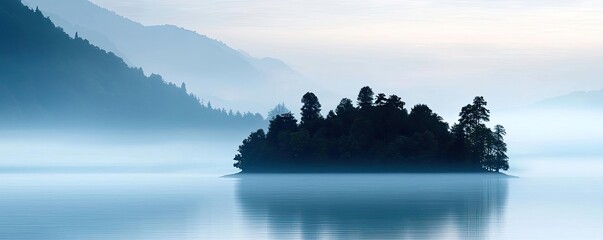 Cloudy abstract background concept. A serene island shrouded in mist, surrounded by calm waters and majestic mountains.