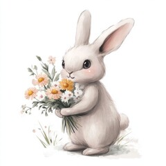 Poster - Cute rabbit holding a bouquet of flowers in a serene outdoor setting during springtime. Generative AI
