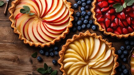 Aufkleber - Assorted fruit tarts with apples and blueberries on a rustic wooden table showcasing vibrant colors and appetizing designs