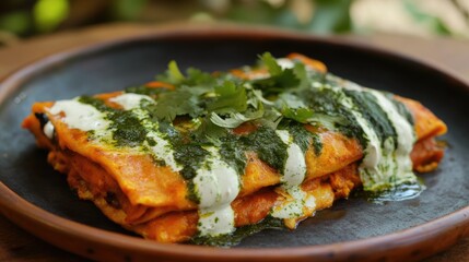 Poster - Sliced pumpkin enchiladas topped with vibrant green and red sauces and drizzled cream garnished with fresh cilantro on a rustic plate.