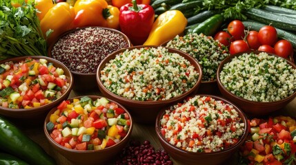 Aufkleber - Vibrant Quinoa Salad Featuring Fresh Vegetables in Rustic Bowls Surrounded by Colorful Produce on a Rustic Wooden Surface
