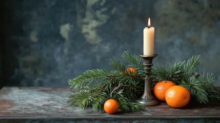 Poster - Candle in a vintage candlestick surrounded by mandarins and spruce branches on a rustic wooden surface for cozy ambiance decoration