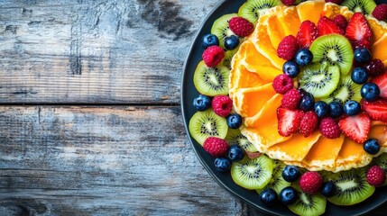 Wall Mural - Vibrant fruit topped crepes on rustic wooden table showcasing delicious dessert presentation for culinary design and recipes