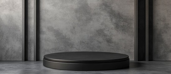 Poster - Black circular podium for 3D product display in a modern studio with textured walls and ample empty space for customizable text
