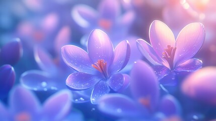 Poster - Crocus flowers blooming with soft light and water droplets in a serene and vibrant botanical background